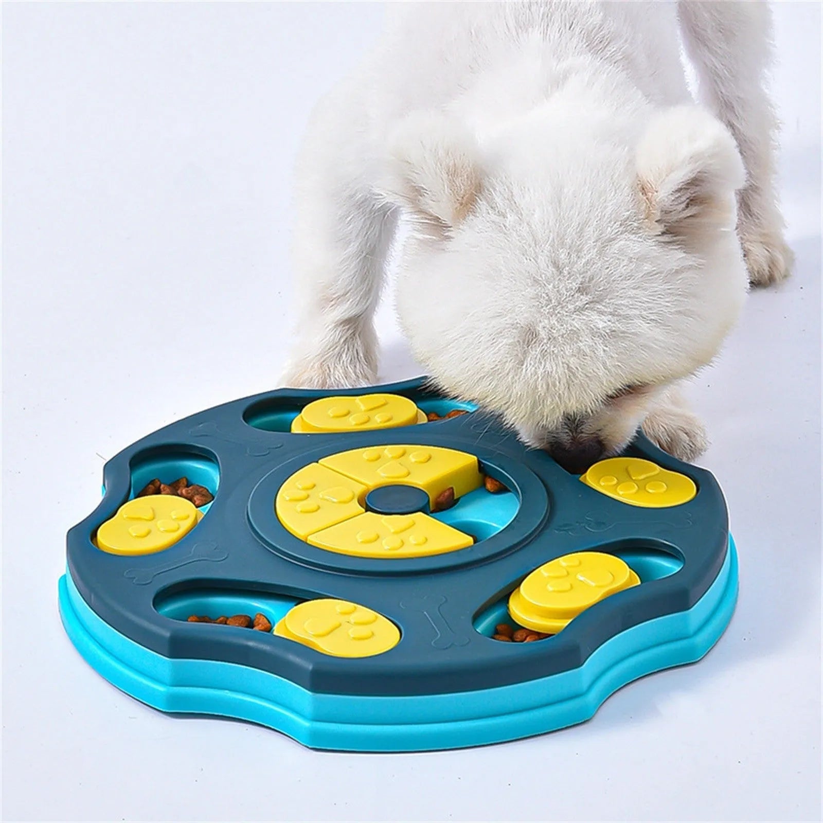 Blue and pink dog puzzle feeder bowl toy for interactive food searching and slow eating