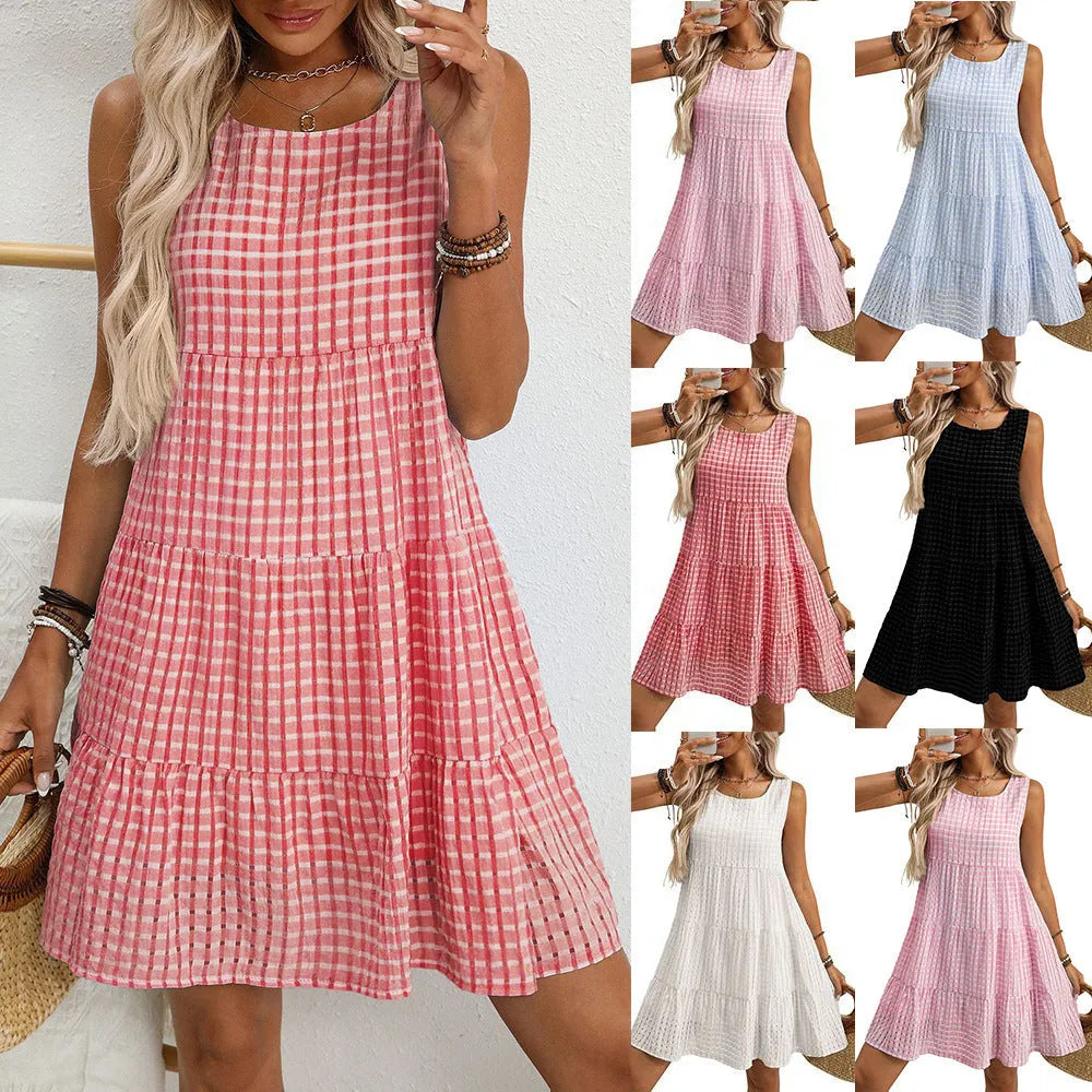 Women's light blue sleeveless plaid dress with a high waist and full swing skirt.