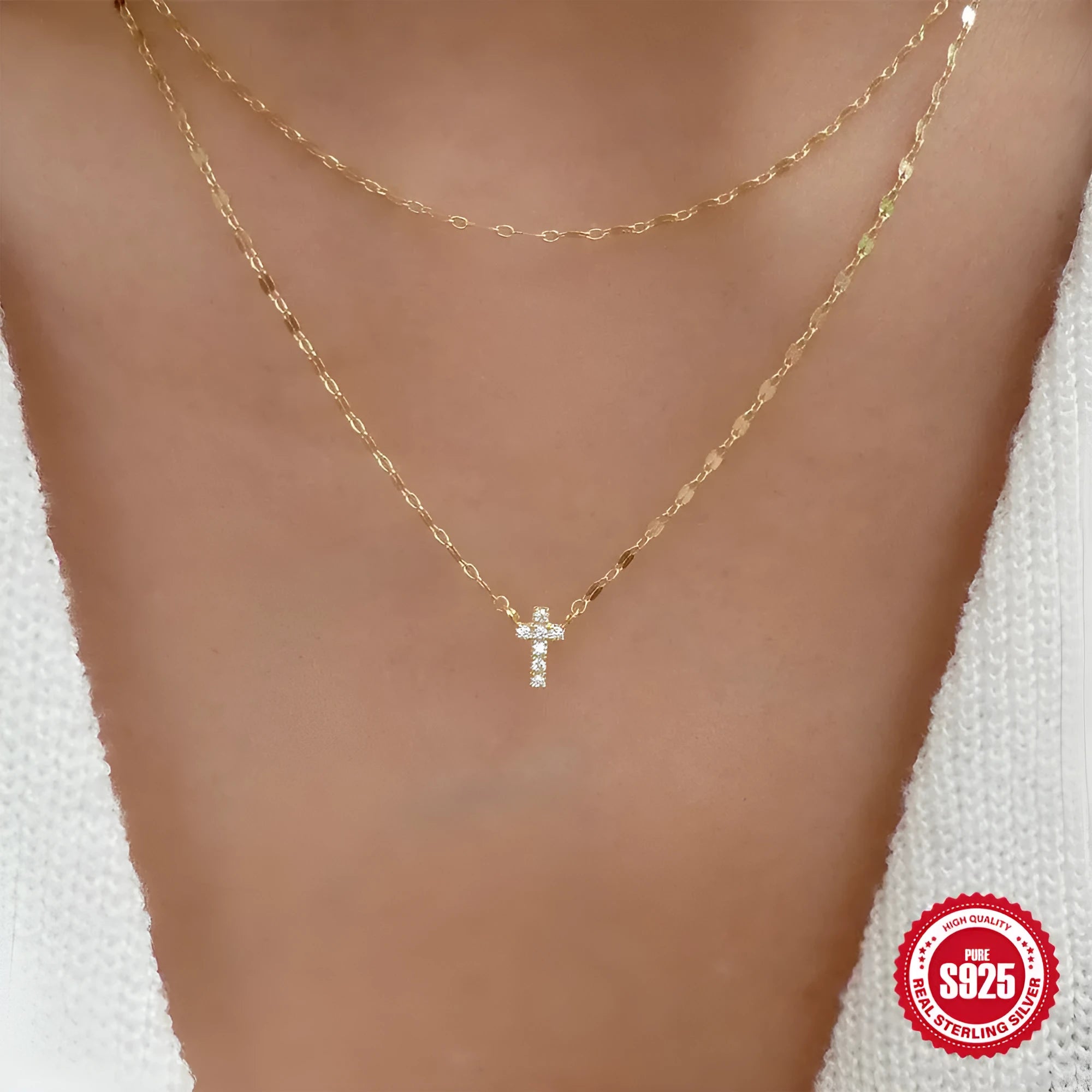 S925 sterling silver necklace with double layer twin diamond cross pendant on delicate clavicle chain