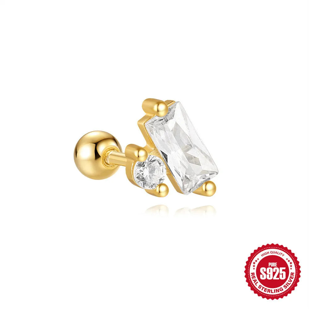 S925 sterling silver flower stud earrings with red square gravel stones and gold electroplating.