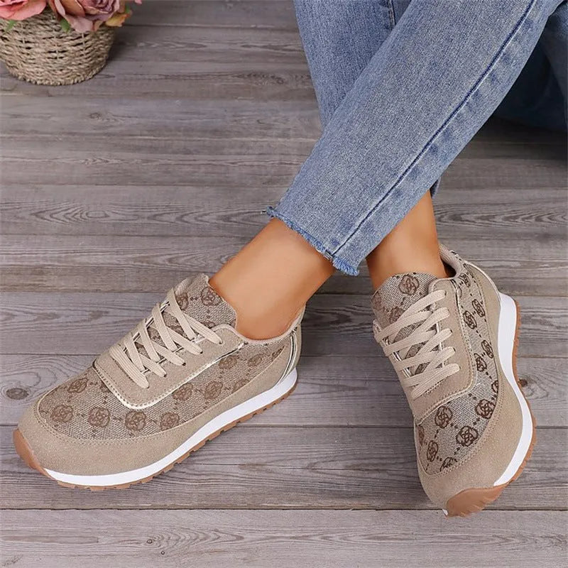 Women's flower print lace-up sneakers in camel, round toe, flat heel, artificial PU upper with rubber sole