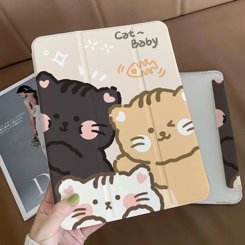 Silicone tri-fold protective case for iPad with cartoon rabbit design, shown folded as a stand.