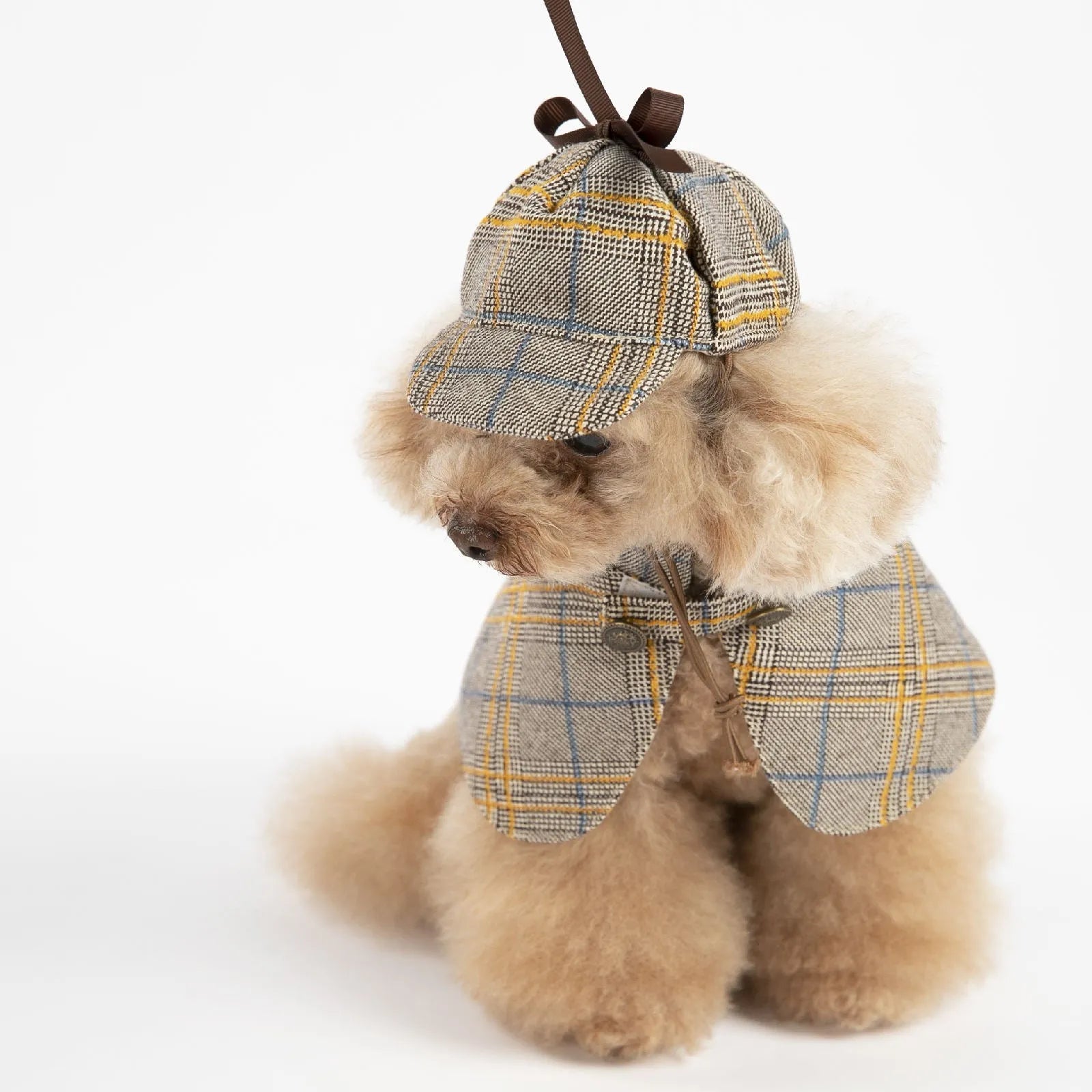 Camel-coloured detective-style cotton cloak for a small dog on a harness, showing the adjustable hat.