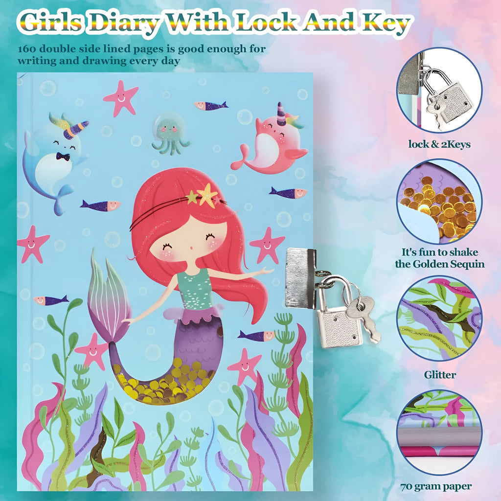 Children's mermaid printed notebook with lock, paper cover, 80 sheets, creative trend design