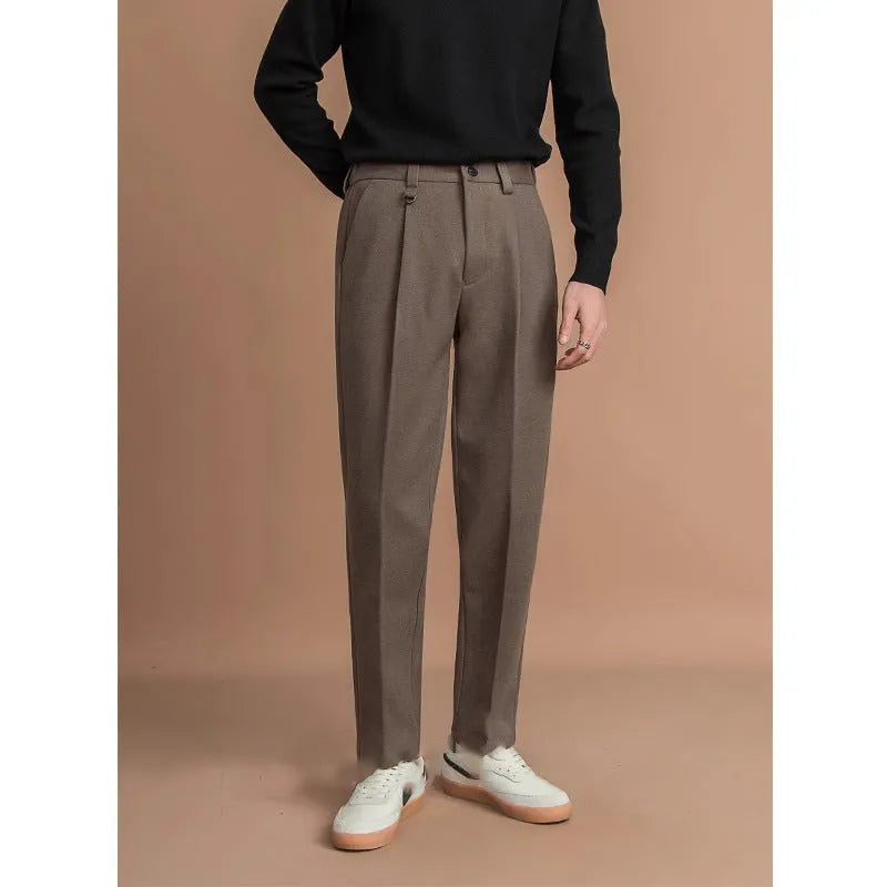 Men's straight leg polyester trousers in black, brown, dark grey and khaki colours