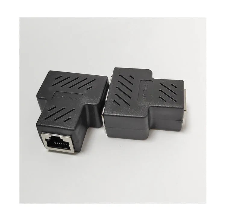 RJ45 network cable splitter adapter in multiple colours, showing one male and two female ports.