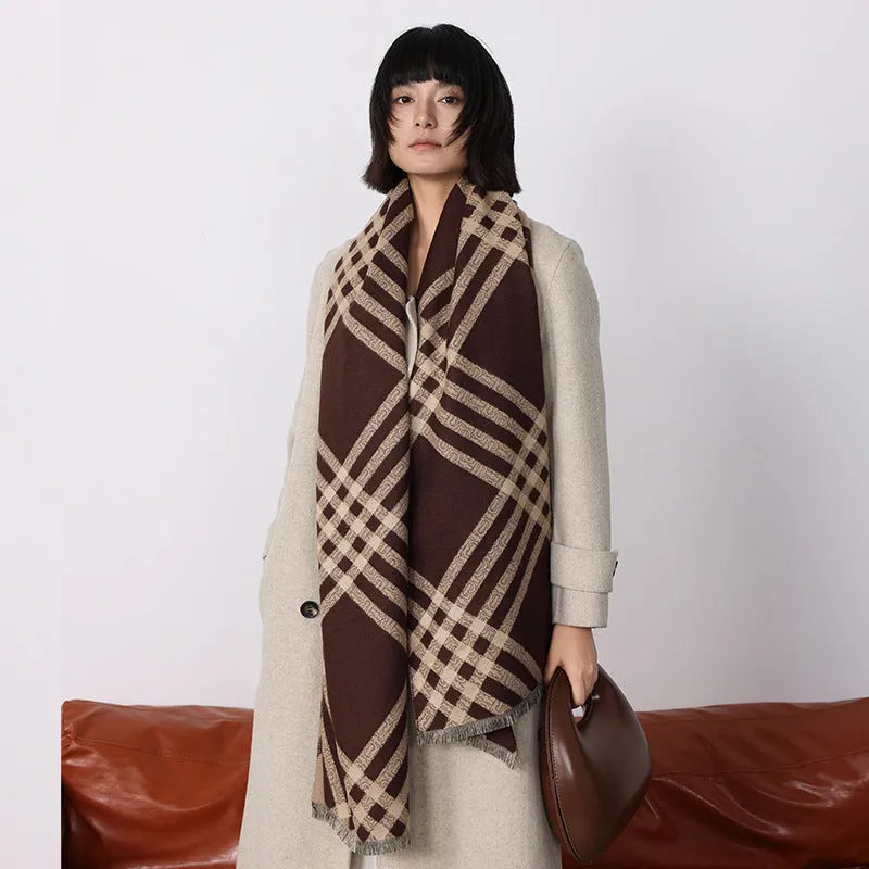 Qianjin imitation cashmere scarf 185x65cm with tassels in brown, black, black camel, and khaki colours