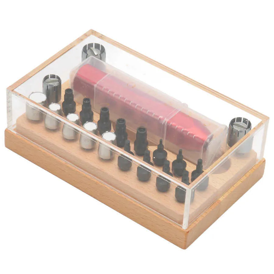 Open case showing steel watch repair tools including barrel opener, punch pliers, and 20 screwdriver bits.