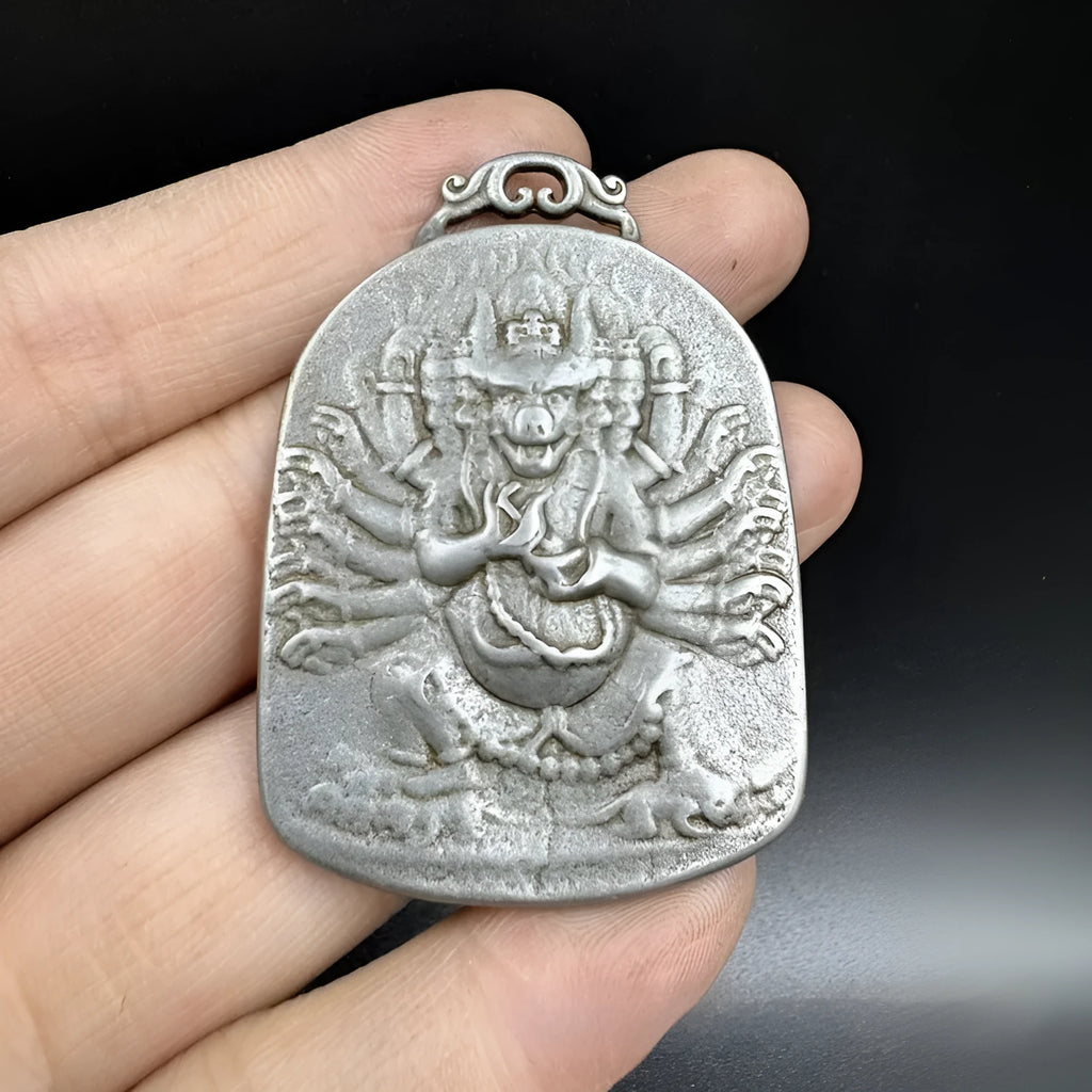 Chinese-style iron geometric pendant with protective deity motif hanging ornament