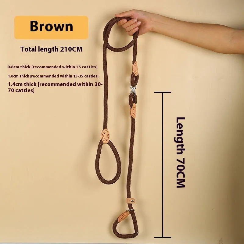 Brown nylon dog leash with a metal P-chain integrated into the handle loop.