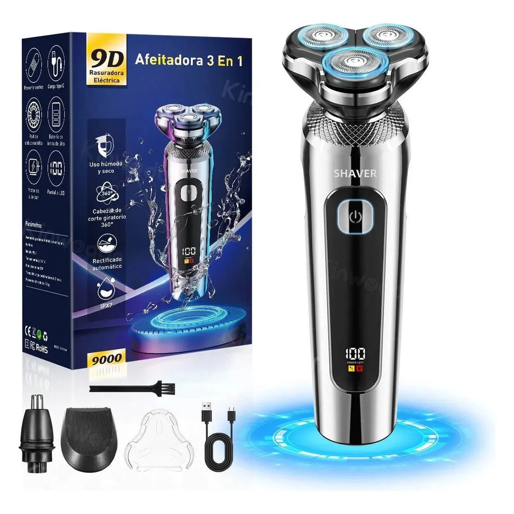 USB rechargeable beard trimmer with digital display on its five-in-one base, showing washable body and floating cutter head.