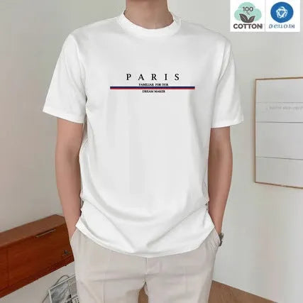 Men's loose fit pure cotton T-shirt with a printed letter design on the front, shown in apricot colour.