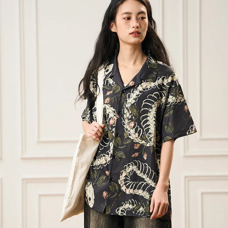 Men's short sleeve Cuban collar shirt with snake bone floral pattern printed design in colourful loose fit option