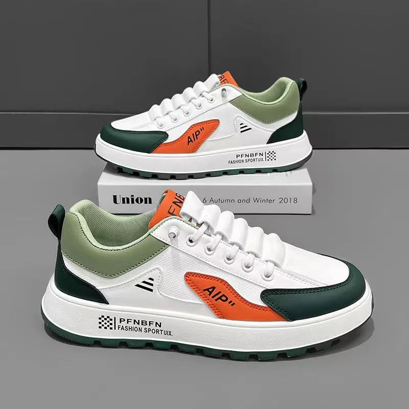 Men's solid colour casual shoes with round toe and artificial PU upper in white-orange, white-black, and white-brown options.