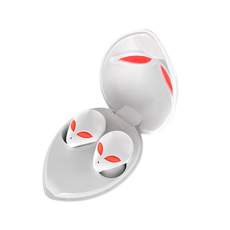 Creative Outer T8 Starman alien design Bluetooth headset with red LED lights and wireless charging case.
