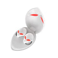 Creative Outer T8 Starman alien design Bluetooth headset with red LED lights and wireless charging case.