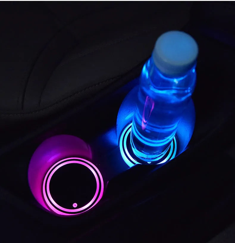 68mm LED cup holder coaster with 7-colour RGB lighting for cars, showing non-slip acrylic surface and USB charging port