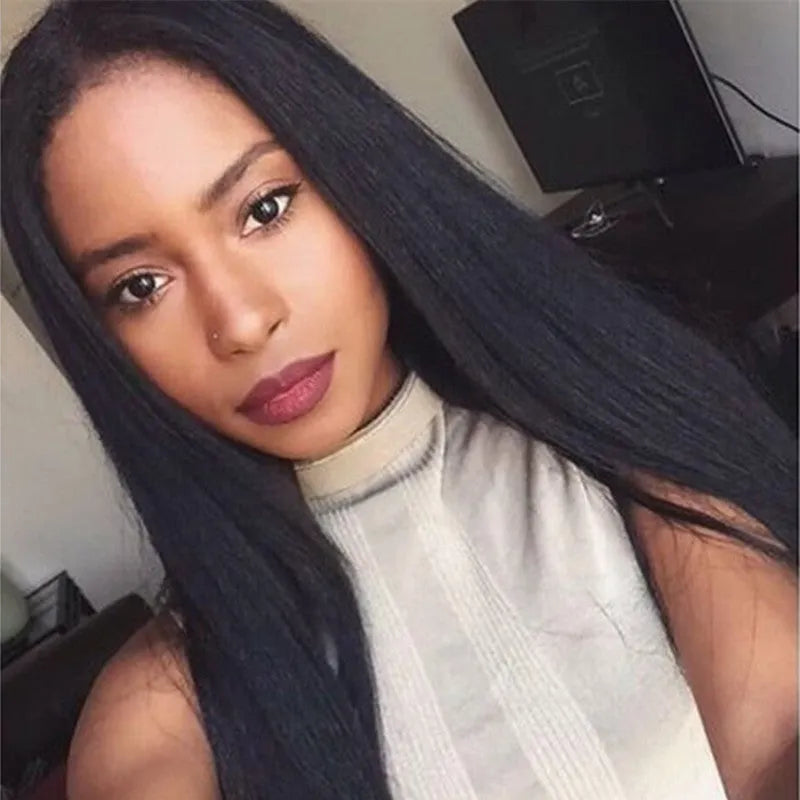 Long straight synthetic wig with centre parting and bangs in black colour