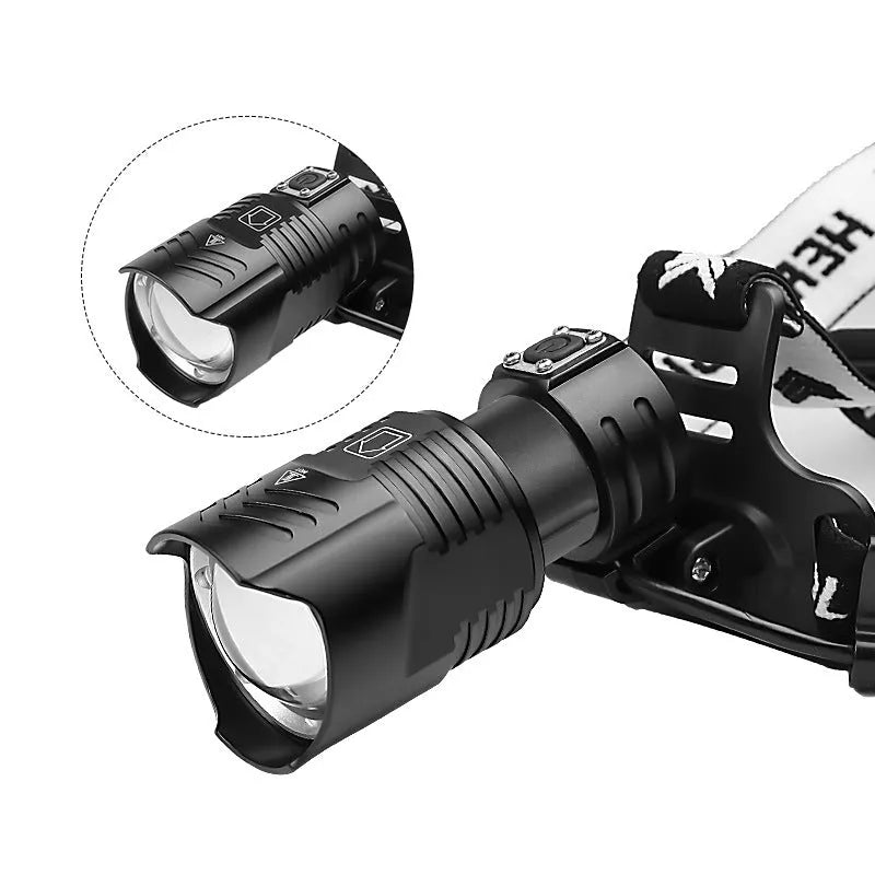 Black telescopic zoom headlight with micro USB charging port and power display