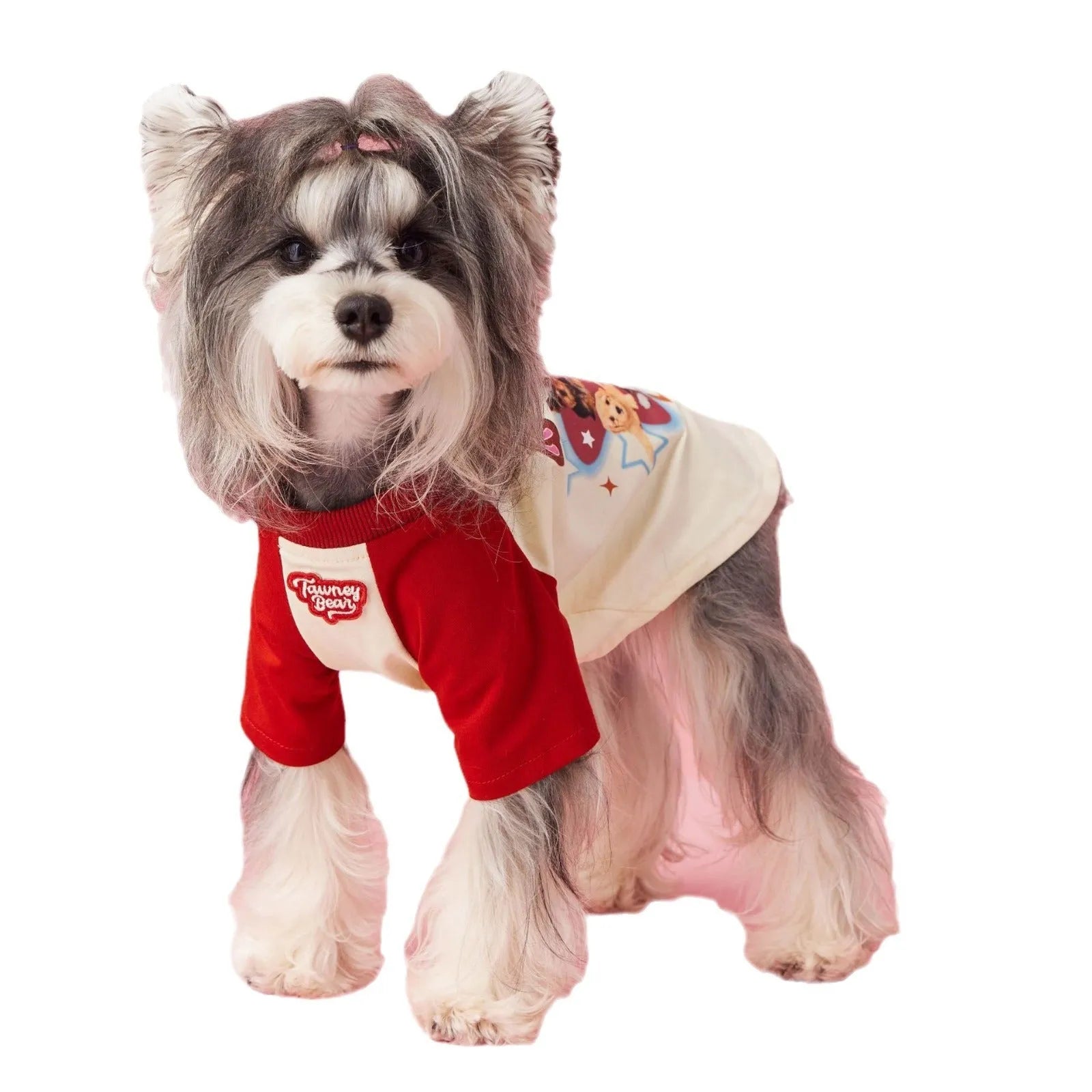 Cotton summer dog clothes in red or pink with contrast design, sizes XS to XXL