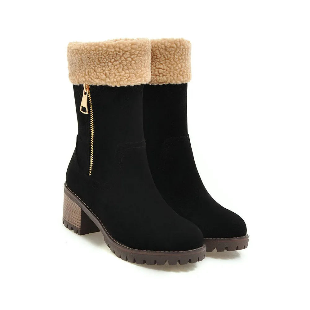 A pair of snow boots with a rubber outsole and plush lining in one of four colours: black, grey, green, or orange.