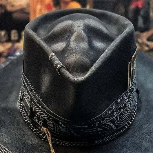 Handmade wool felt skull hat with conical crown design in skull colour for Halloween costume accessory