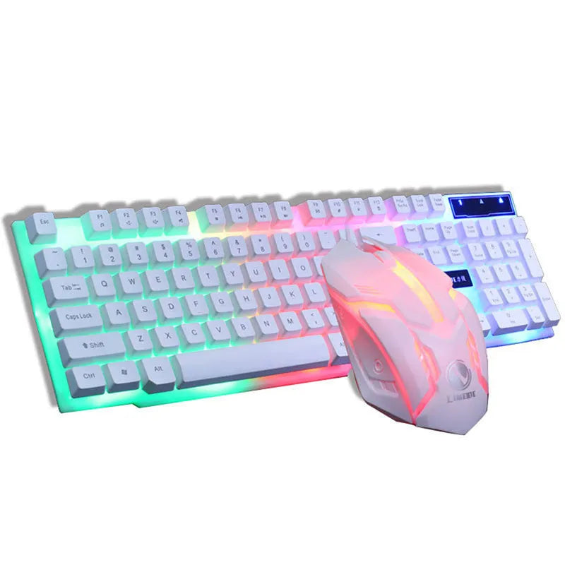 GTX300 wired USB gaming keyboard and mouse set with colour backlit keys in black on a desk.