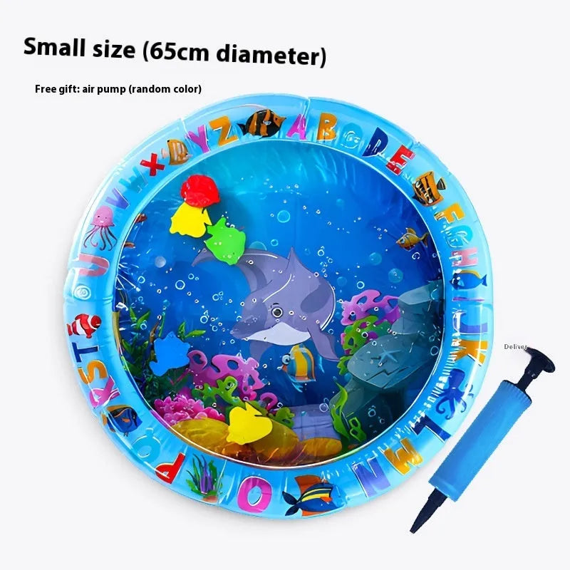 Inflatable PVC water cooling bed for pets, showing dolphin design on a blue background.