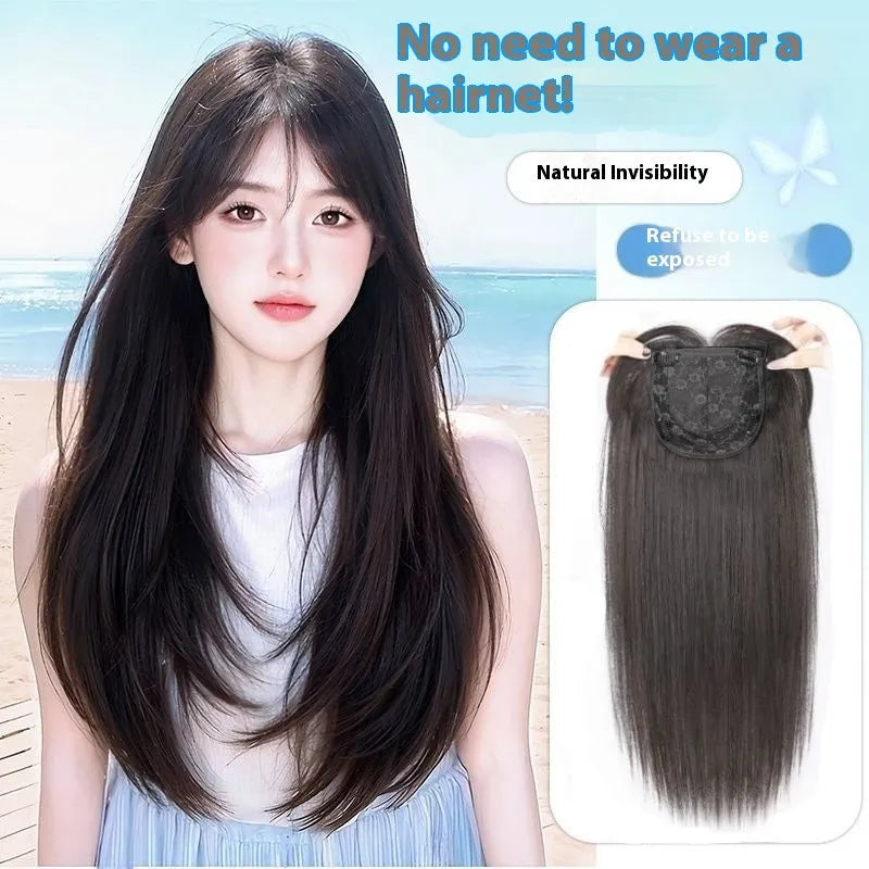 Black long straight high-layered full-head wig with built-in hair net for ladies.