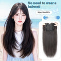 Black long straight high-layered full-head wig with built-in hair net for ladies.