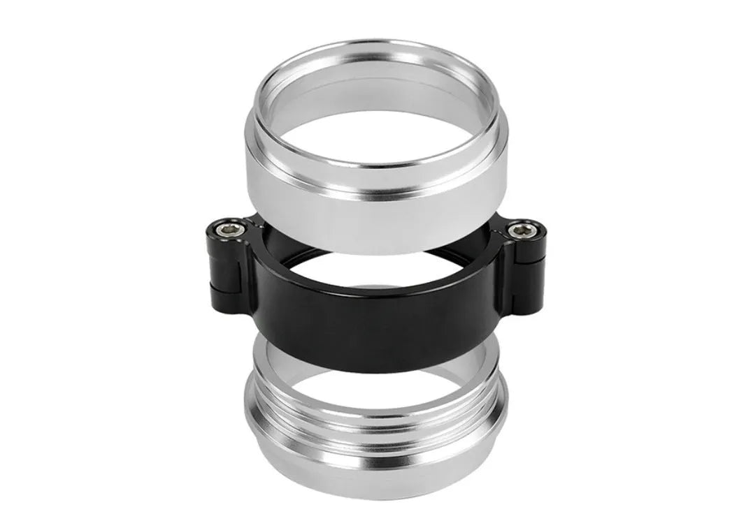 Aluminium fixed movement exhaust clamp for turbo systems in black, with size markings