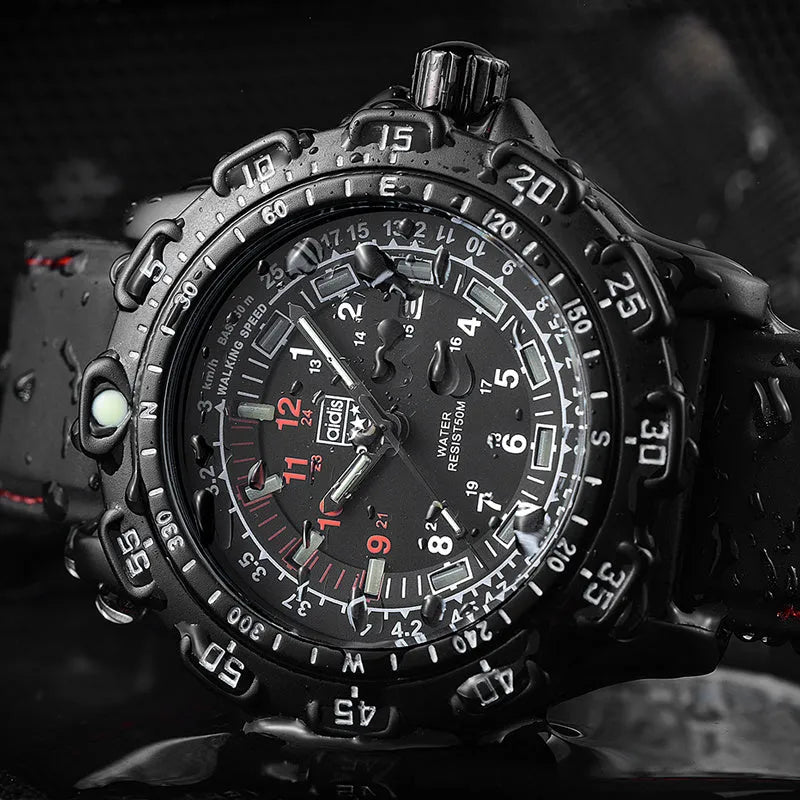 Men's quartz military watch with 45mm round alloy case, silicone band, and luminous dial on a neutral background