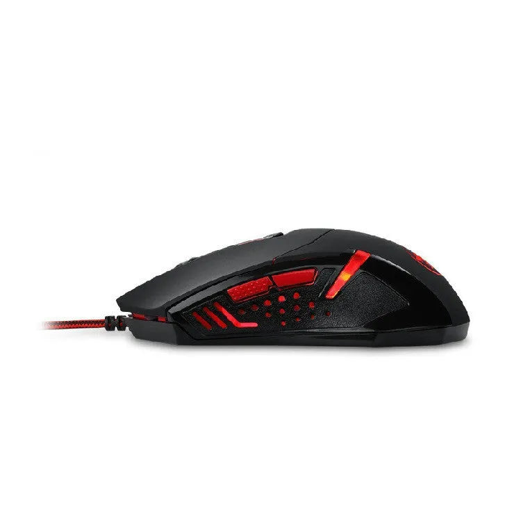 Black and red wired USB gaming mouse with six buttons on an ergonomic shape.