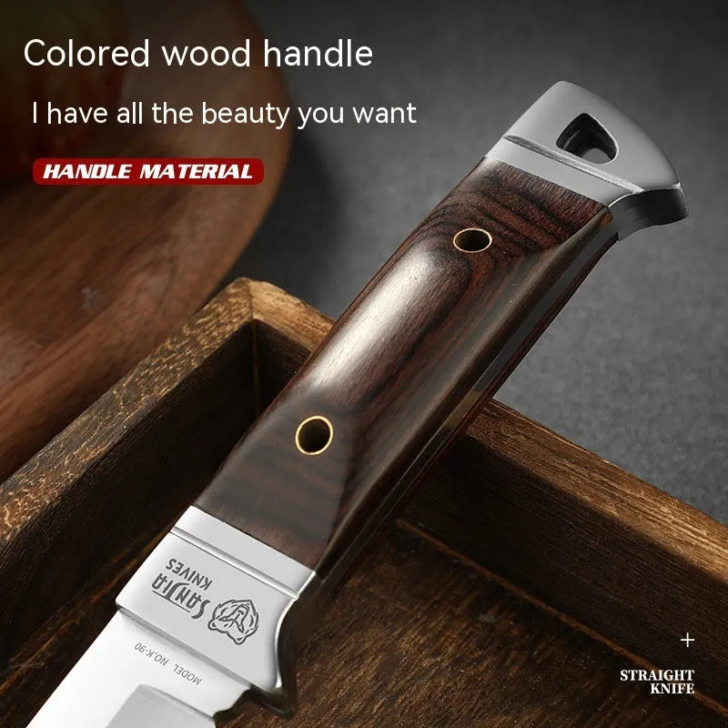Camping portable fruit knife with stainless steel blade and brown leather protective case