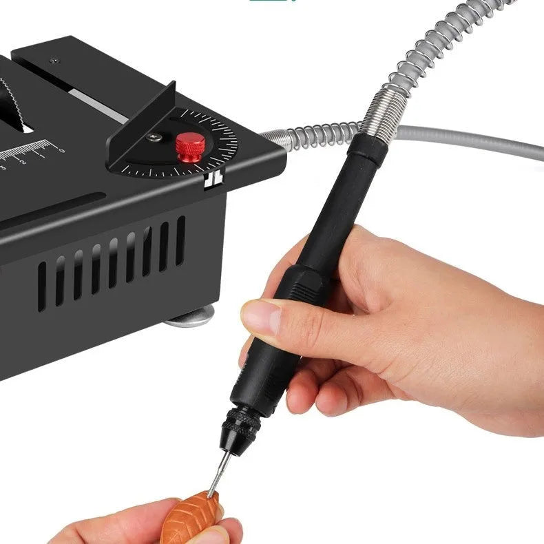 Lithium ion battery-powered desktop saw with metal construction and charging unit