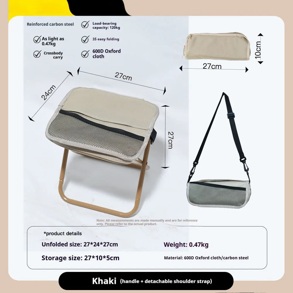 Foldable Oxford cloth camp stool shown in khaki colour with pencil box design for outdoor seating