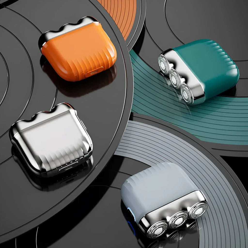 Three-head magnetic mini electric shaver in four colour options with floating cutter head design