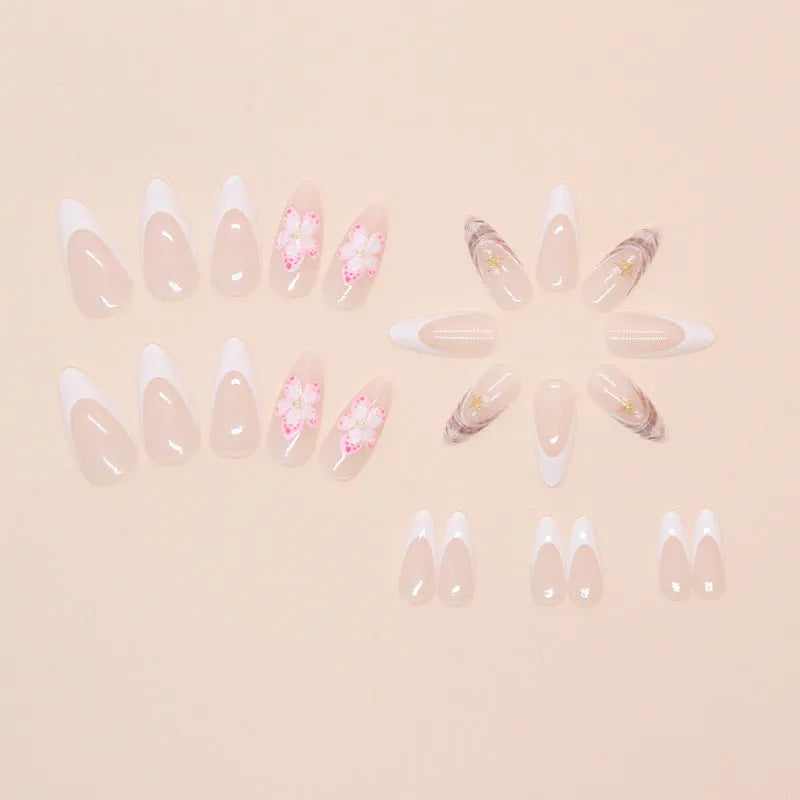 French style artificial nails with W1764 simple flowers design and floral rock pattern patch
