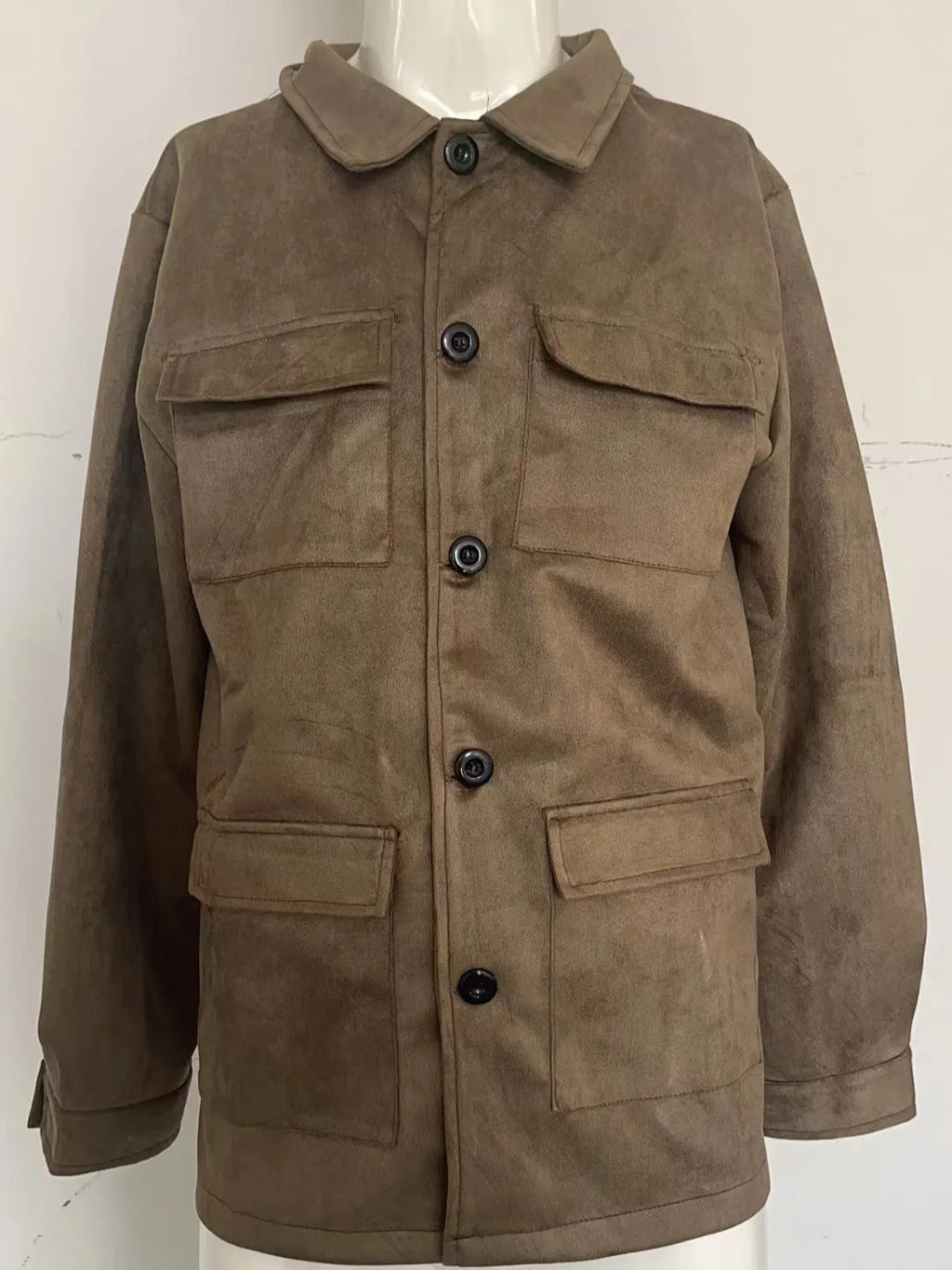 Men's cowhide casual trench coat with multiple pockets in solid colour, polyester blend fabric