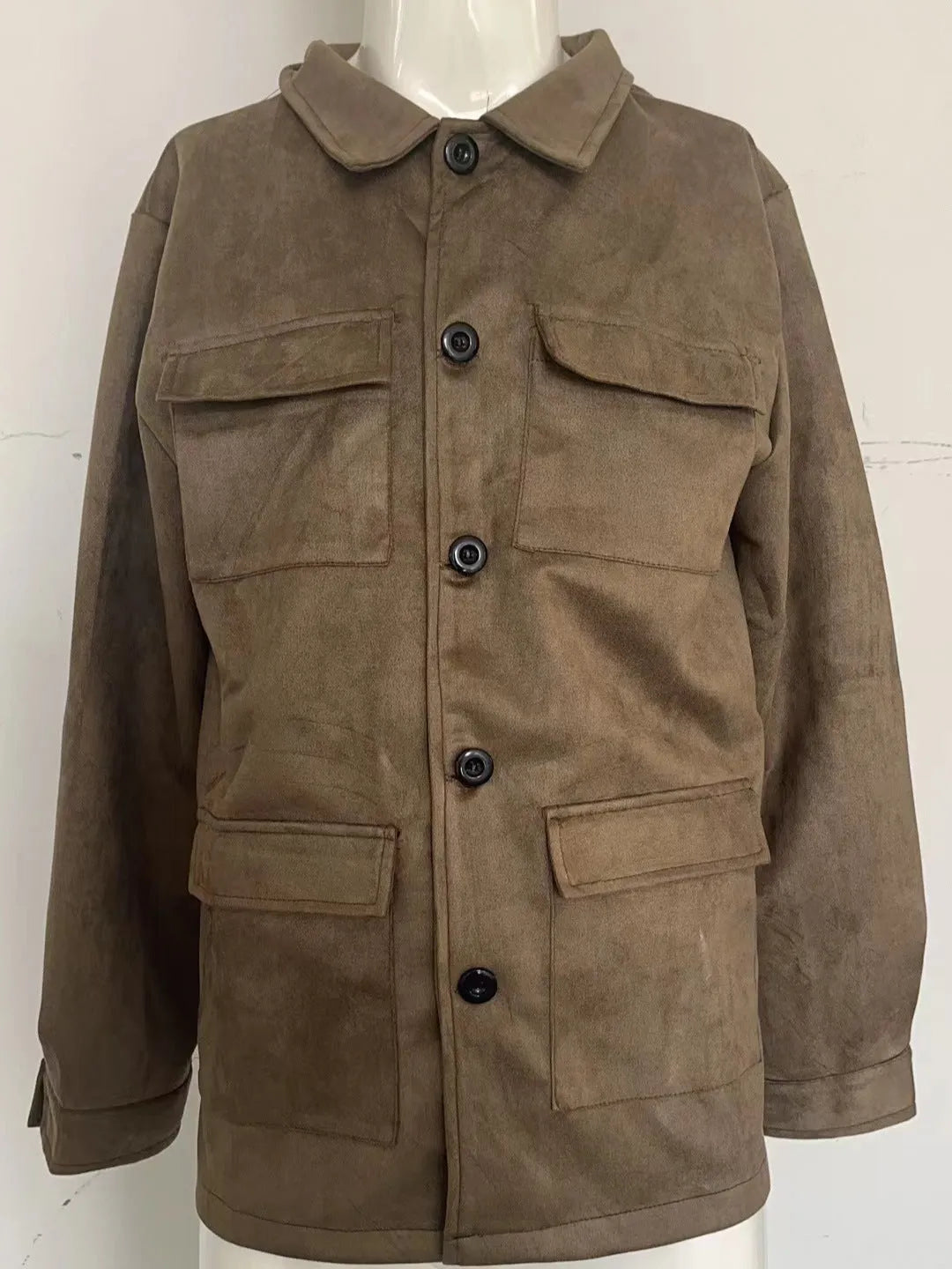 Men's cowhide casual trench coat with multiple pockets in solid colour, polyester blend fabric