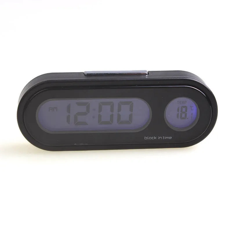 Black electronic car clock thermometer with luminous LED display showing time and temperature