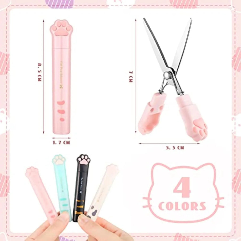Cat paw mini folding craft scissors in four colours: black, blue, pink, and white, showing closed and open positions.