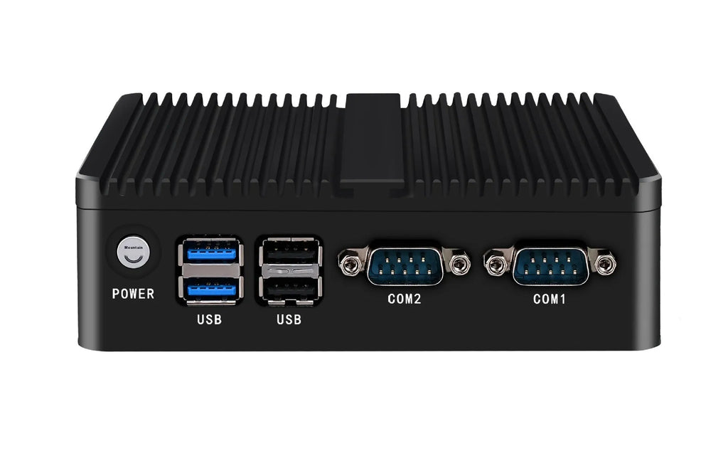 Compact fanless industrial control mini-PC with metal chassis, measuring 13.6 by 12.7 by 4 centimetres.