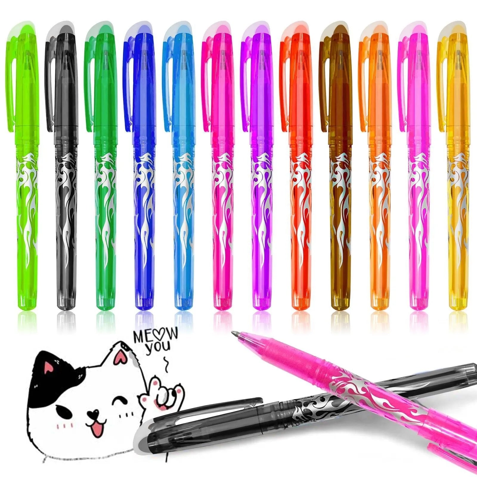 Set of hot erasable gel pens in multiple colours with plastic shells and choice of 0.5mm or 0.7mm stainless steel nibs.