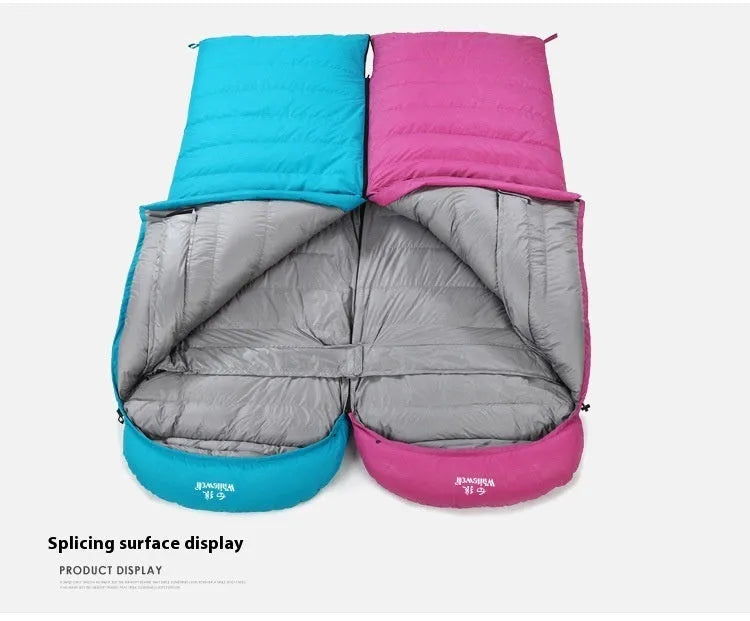 Black adult down sleeping bag with white goose down filling and tear-resistant nylon construction