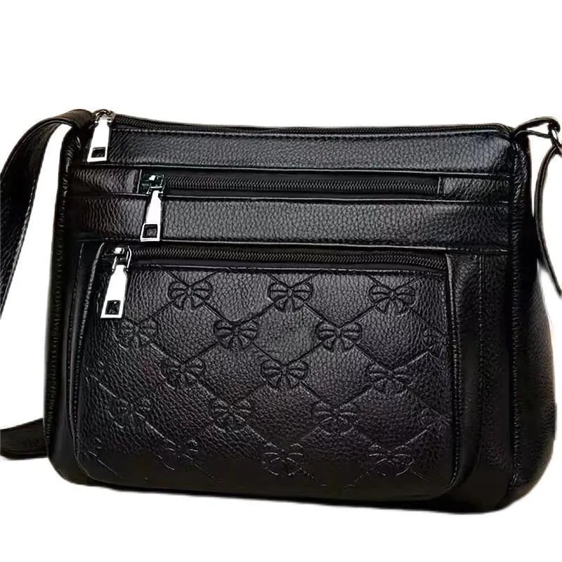 Women's butterfly black PU leather messenger bag with adjustable strap and phone pocket