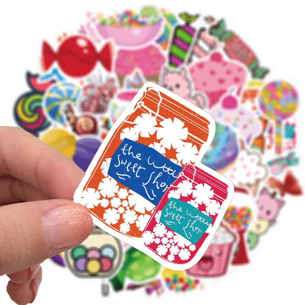 50 colourful candy series graffiti stickers with cartoon designs on sheets