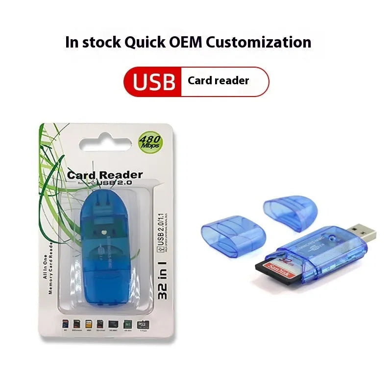 Transparent plastic USB card reader with LED options and card holder