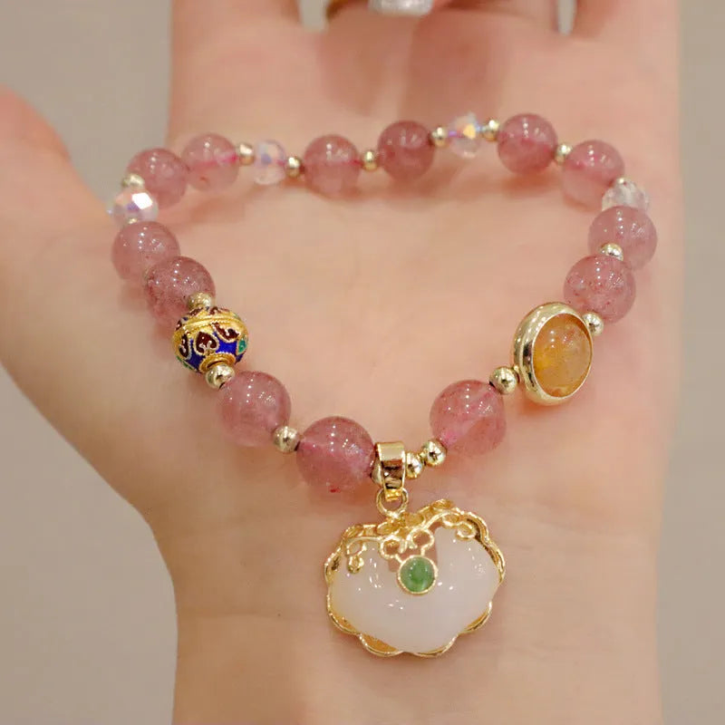 Strawberry Quartz and Gray Jade geometric national style bracelet with metal decoration