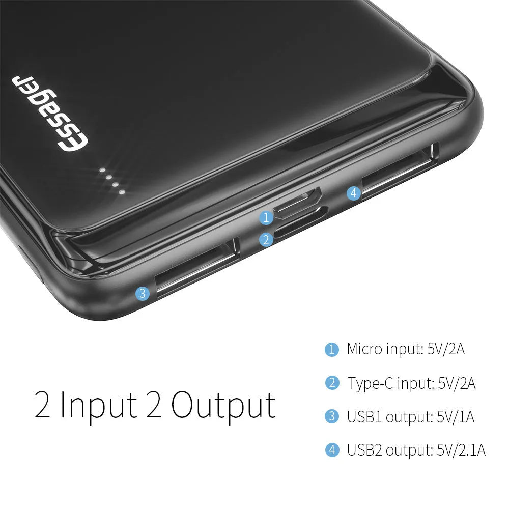 Essager Small Jane 10000mAh portable power bank in black or white with dual USB ports